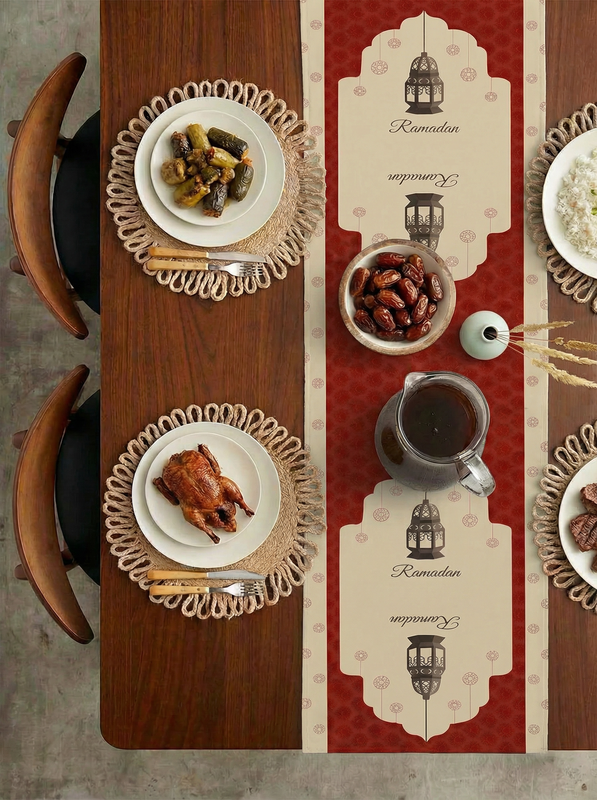 Layali Ramadan Linen Velvet Tablecloth, Decorative Ramadan Pattern for Dining Table