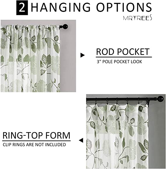 Linen Floral Semi Transparent Curtain - Rod Pocket