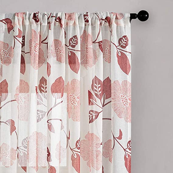 Linen Floral Semi Transparent Curtain - Rod Pocket