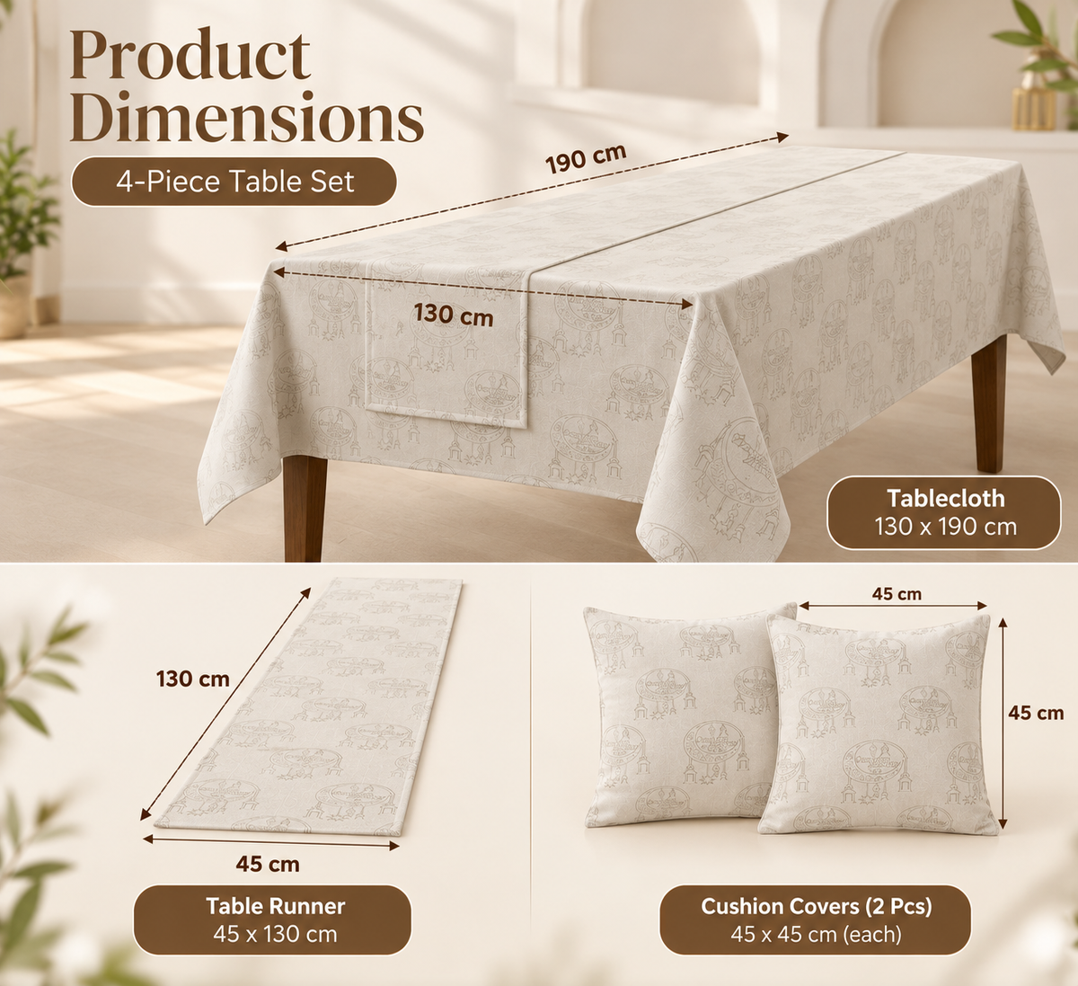Ramadan Vibes 4-Piece Table Set, Premium Chenille, Tablecloth, Runner & 2 Cushion Covers