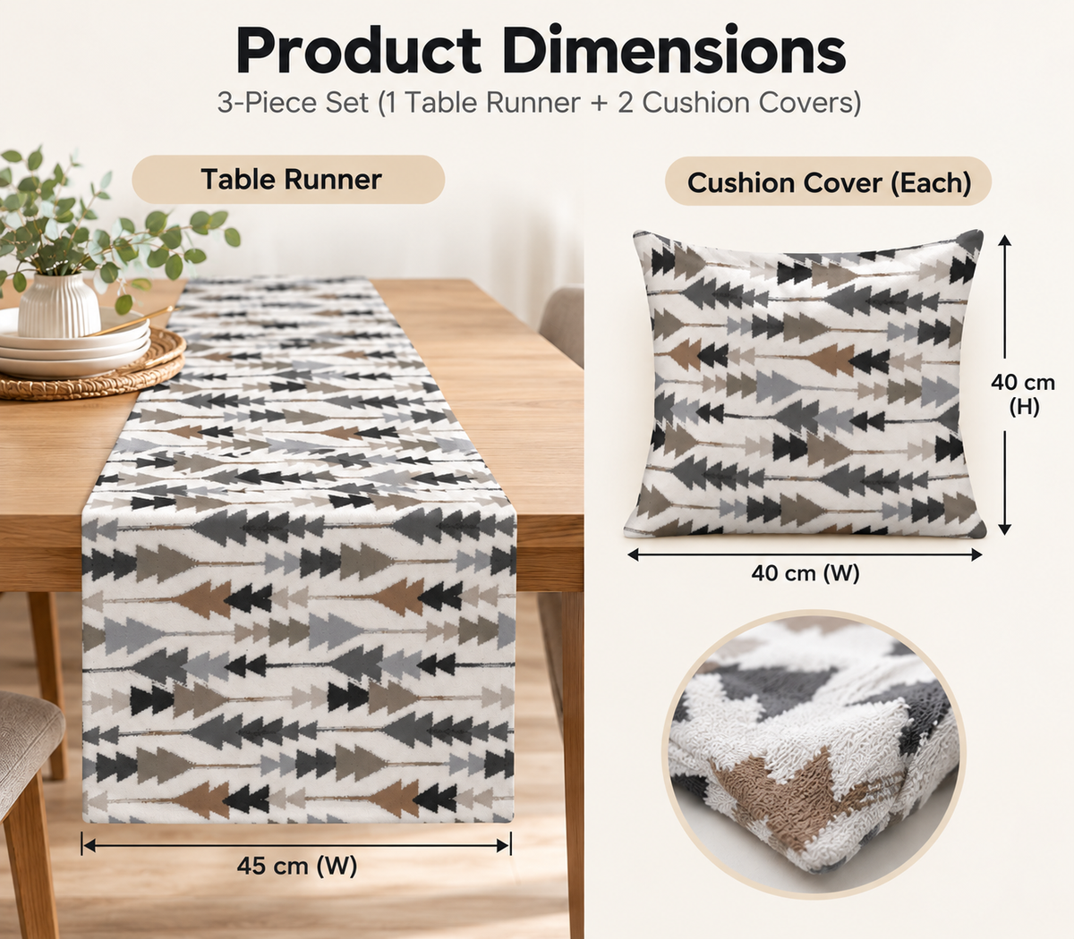 Sofia Elegance 3-Piece Set, Grey Linen Velvet Table Runner 45x135 cm + 2 Cushion Covers
