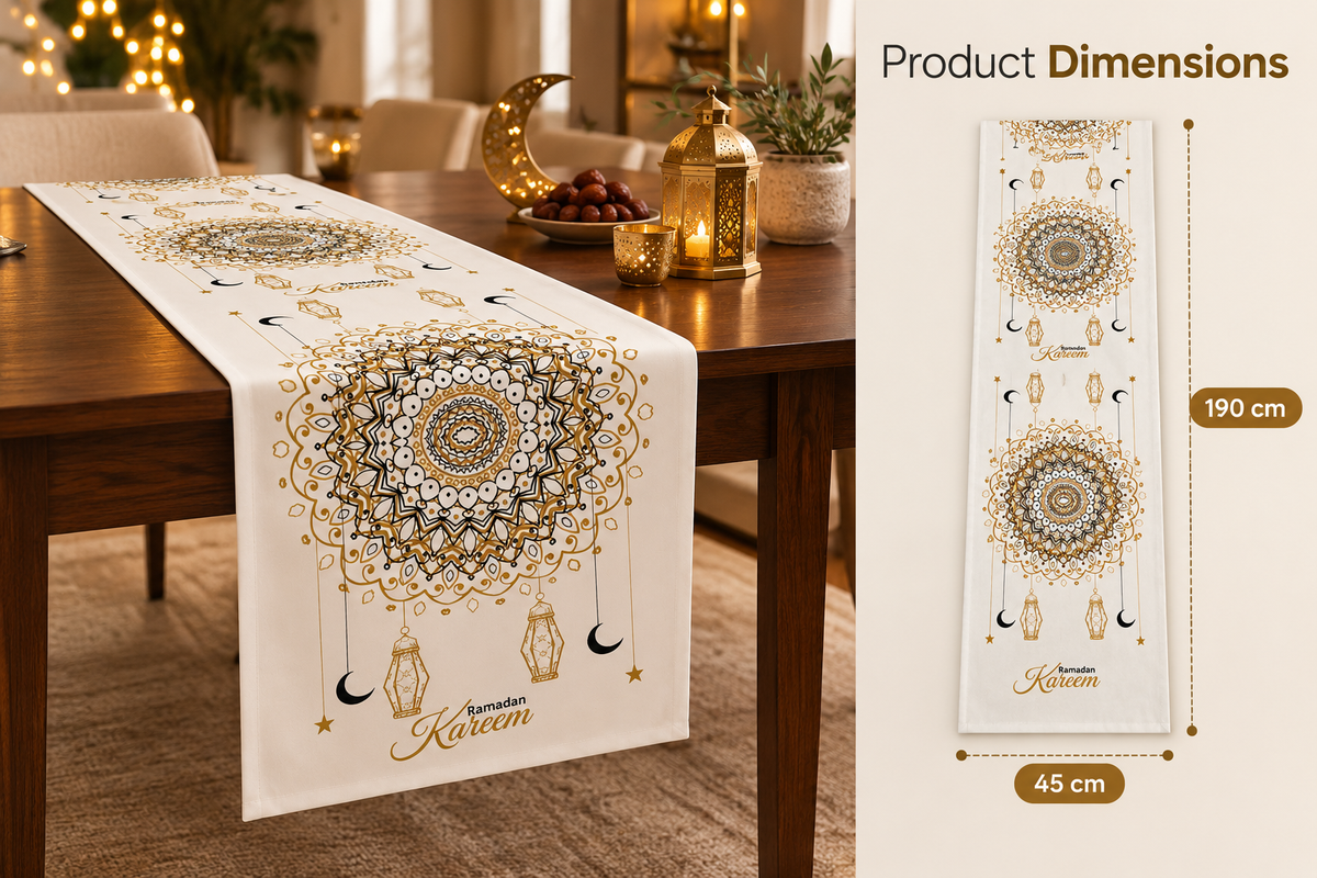 Layali Ramadan Linen Velvet Tablecloth, Decorative Ramadan Pattern for Dining Table