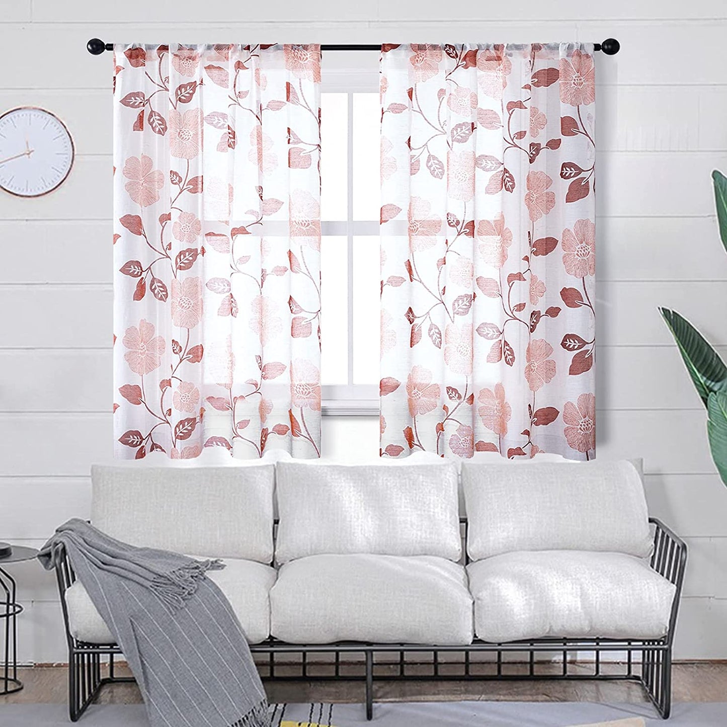 Linen Floral Semi Transparent Curtain - Rod Pocket
