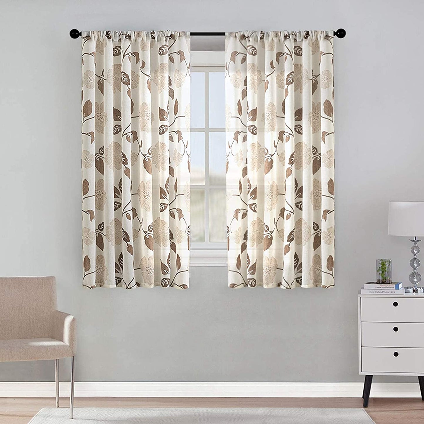 Linen Floral Semi Transparent Curtain - Rod Pocket