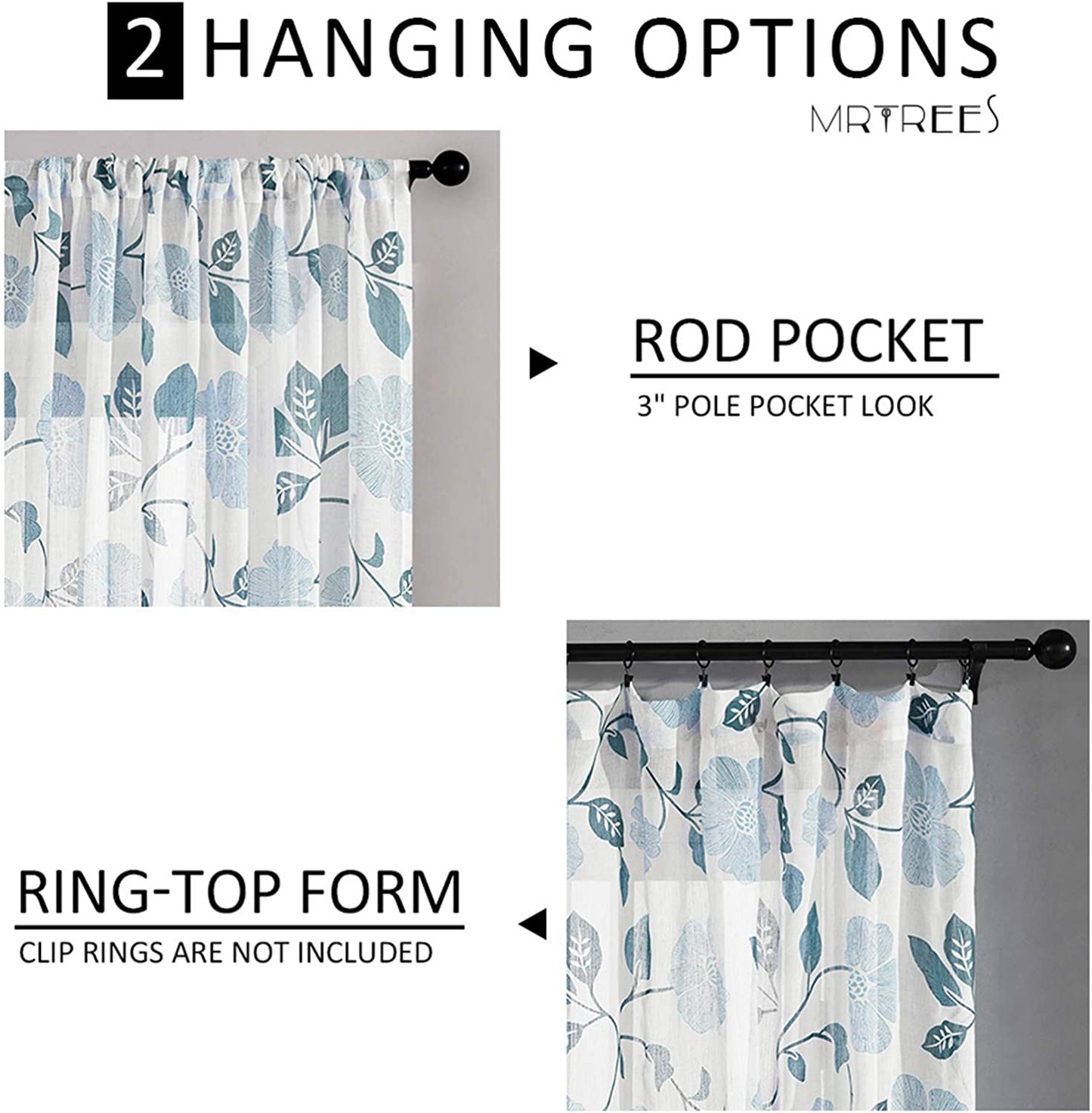 Linen Floral Semi Transparent Curtain - Rod Pocket