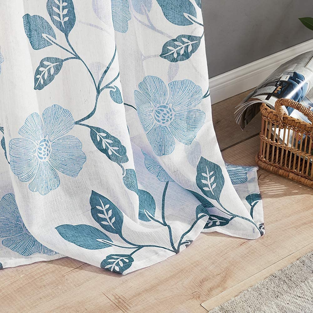 Linen Floral Semi Transparent Curtain - Rod Pocket