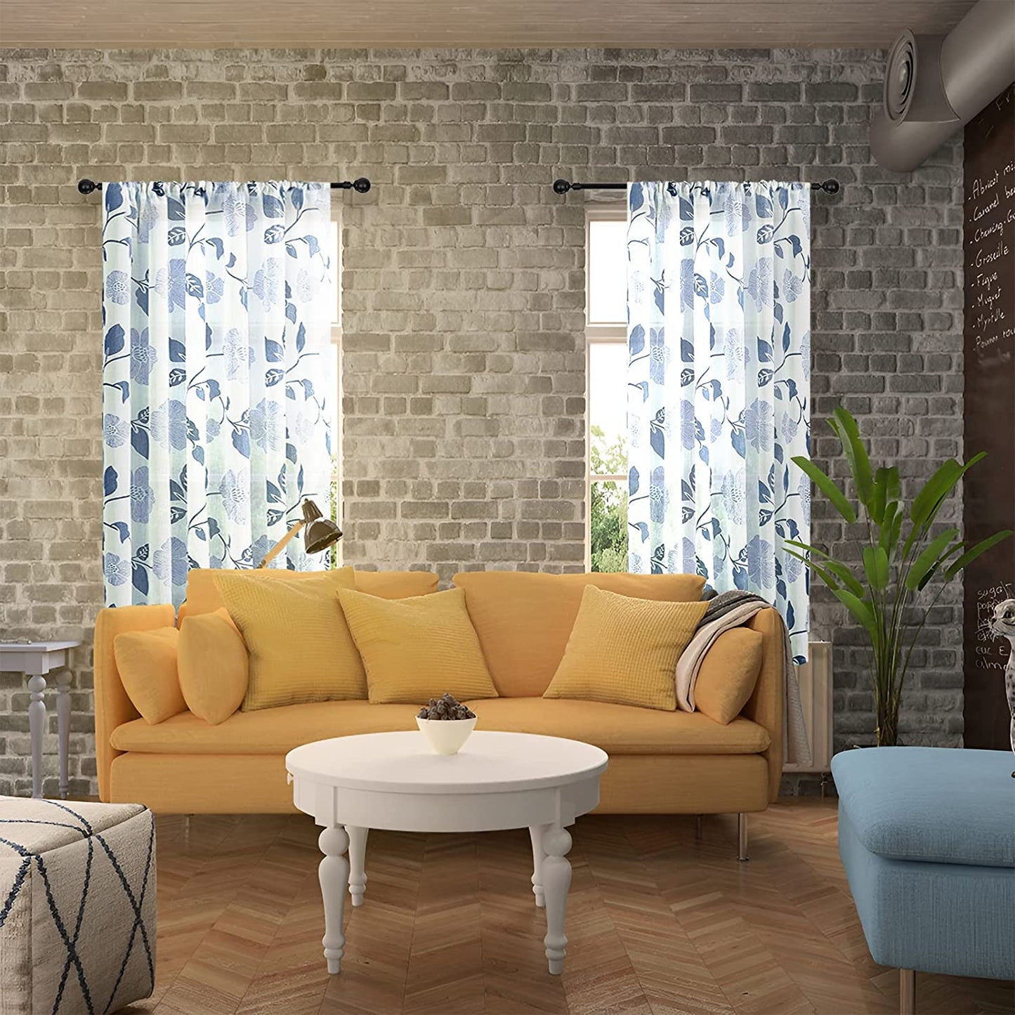 Linen Floral Semi Transparent Curtain - Rod Pocket
