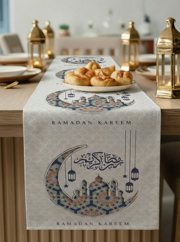 Layali Ramadan Linen Velvet Tablecloth, Decorative Ramadan Pattern for Dining Table