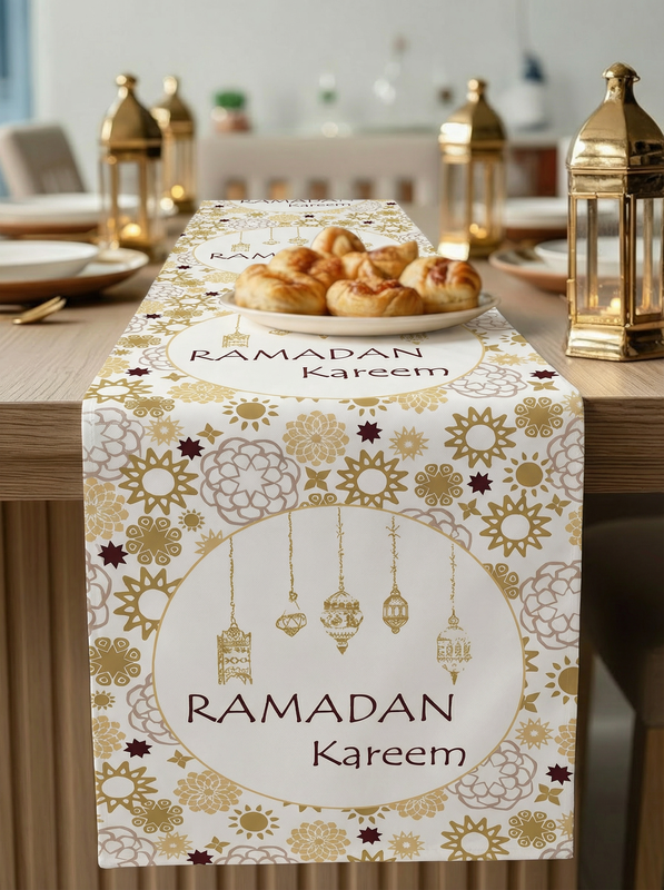 Layali Ramadan Linen Velvet Tablecloth, Decorative Ramadan Pattern for Dining Table