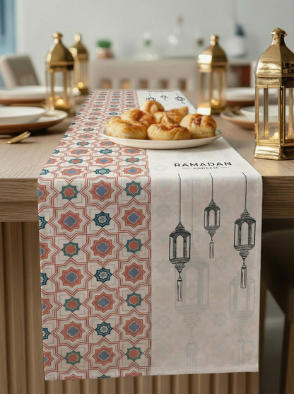 Layali Ramadan Linen Velvet Tablecloth, Decorative Ramadan Pattern for Dining Table