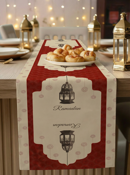 Layali Ramadan Linen Velvet Tablecloth, Decorative Ramadan Pattern for Dining Table