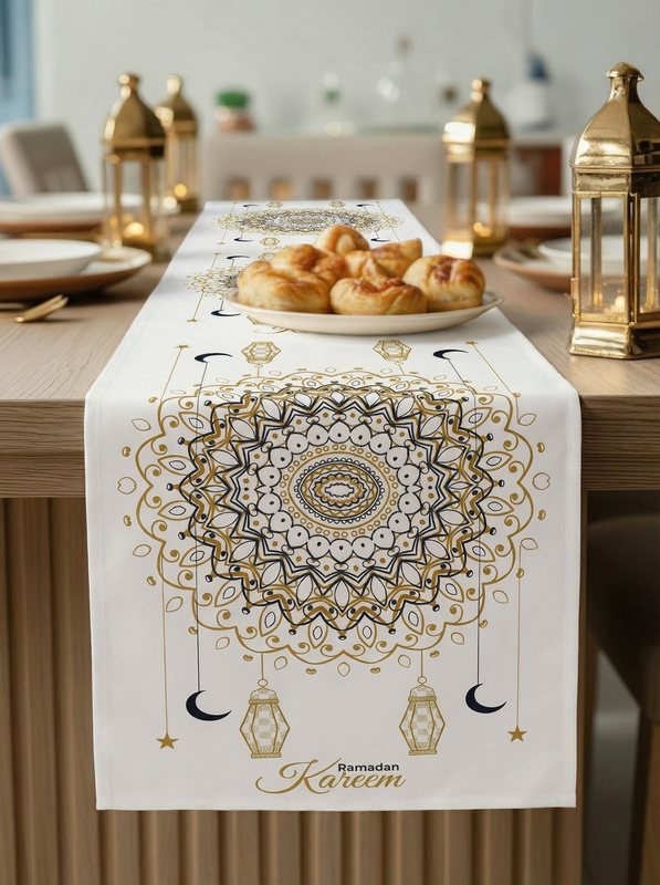 Layali Ramadan Linen Velvet Tablecloth, Decorative Ramadan Pattern for Dining Table
