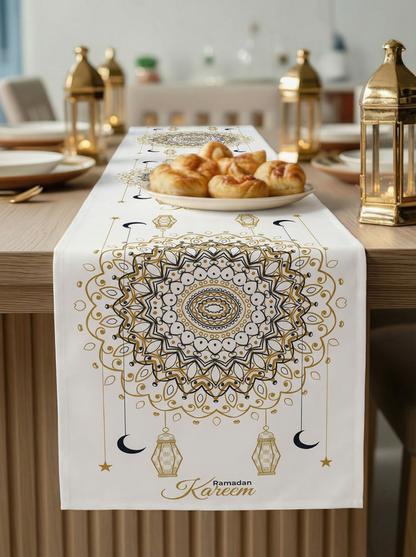 Layali Ramadan Linen Velvet Tablecloth, Decorative Ramadan Pattern for Dining Table