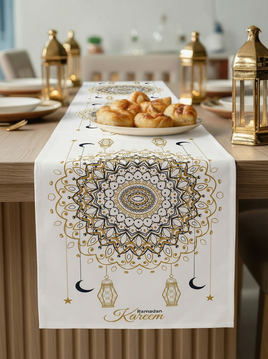Layali Ramadan Linen Velvet Tablecloth, Decorative Ramadan Pattern for Dining Table