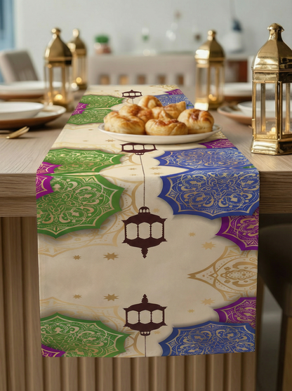 Layali Ramadan Linen Velvet Tablecloth, Decorative Ramadan Pattern for Dining Table
