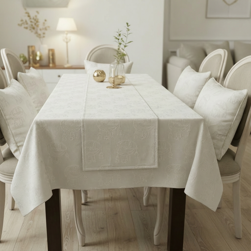 Ramadan Vibes 4-Piece Table Set, Premium Chenille, Tablecloth, Runner & 2 Cushion Covers