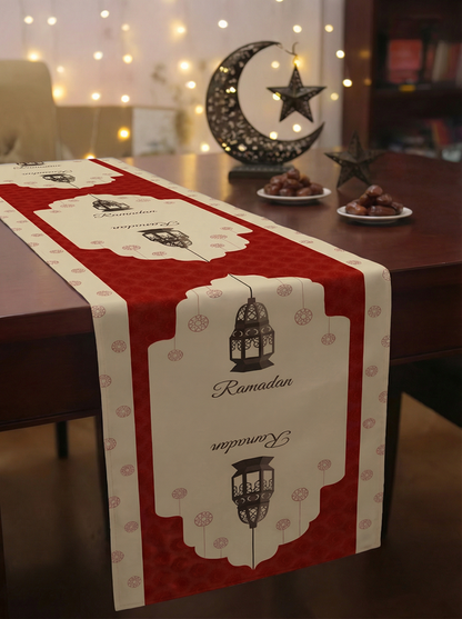 Layali Ramadan Linen Velvet Tablecloth, Decorative Ramadan Pattern for Dining Table