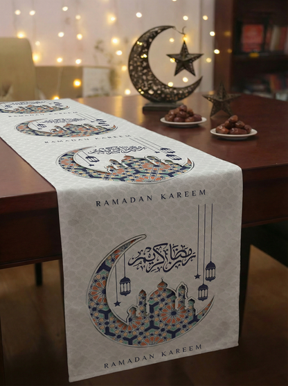 Layali Ramadan Linen Velvet Tablecloth, Decorative Ramadan Pattern for Dining Table