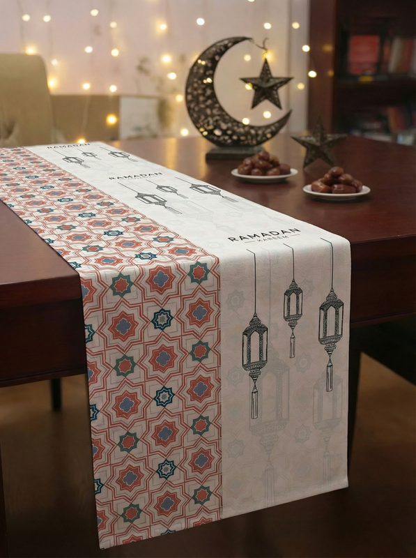 Layali Ramadan Linen Velvet Tablecloth, Decorative Ramadan Pattern for Dining Table