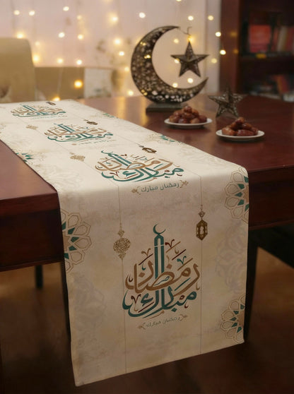Layali Ramadan Linen Velvet Tablecloth, Decorative Ramadan Pattern for Dining Table