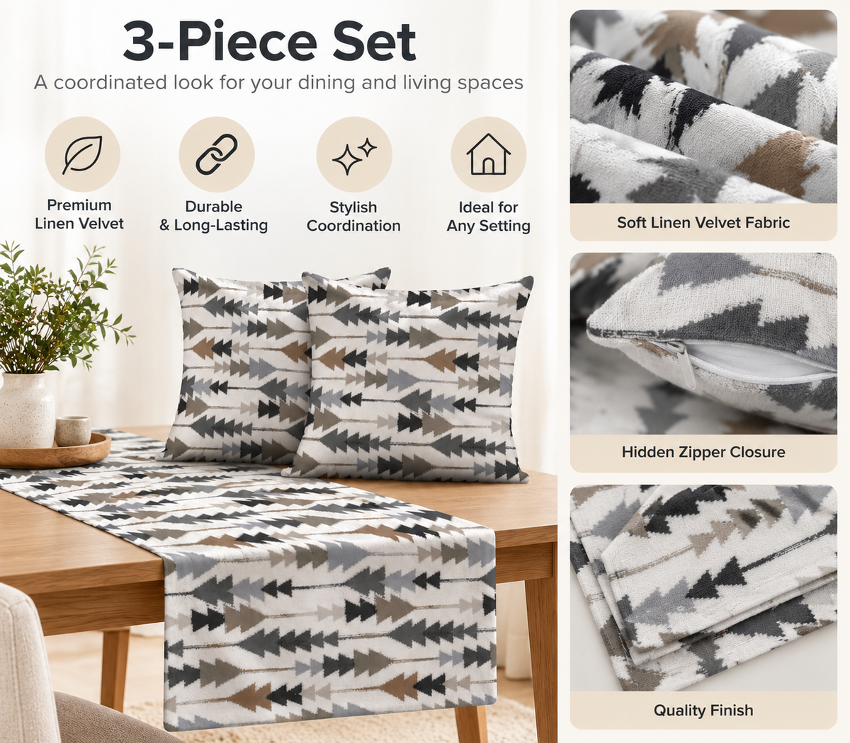 Sofia Elegance 3-Piece Set, Grey Linen Velvet Table Runner 45x135 cm + 2 Cushion Covers