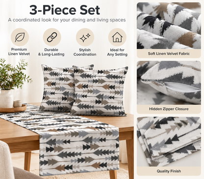 Sofia Elegance 3-Piece Set, Grey Linen Velvet Table Runner 45x135 cm + 2 Cushion Covers