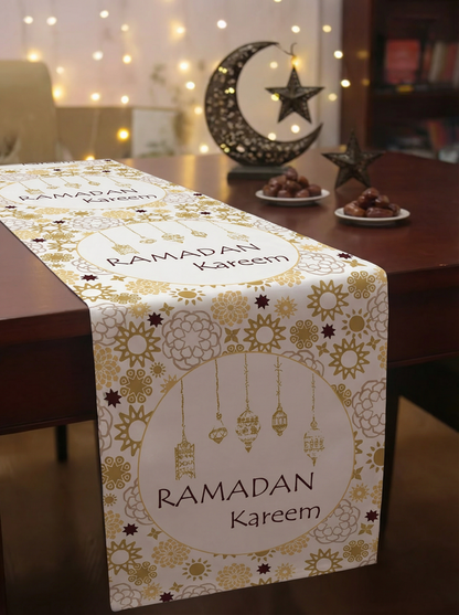 Layali Ramadan Linen Velvet Tablecloth, Decorative Ramadan Pattern for Dining Table