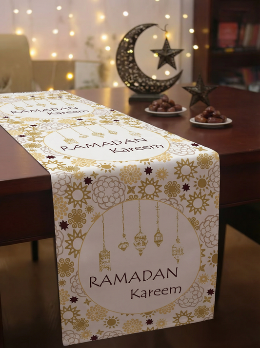 Layali Ramadan Linen Velvet Tablecloth, Decorative Ramadan Pattern for Dining Table