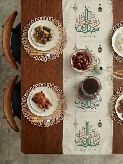 Layali Ramadan Linen Velvet Tablecloth, Decorative Ramadan Pattern for Dining Table