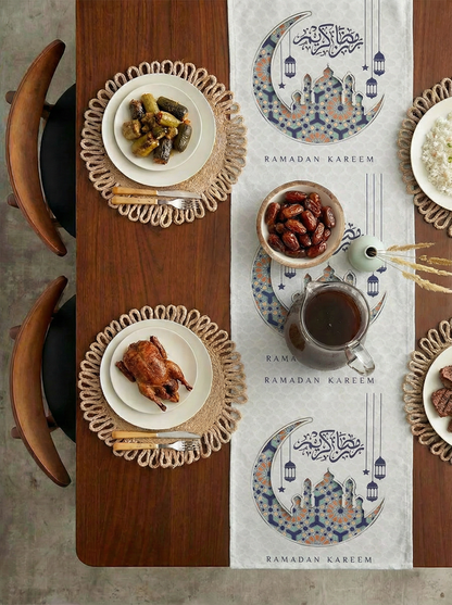 Layali Ramadan Linen Velvet Tablecloth, Decorative Ramadan Pattern for Dining Table