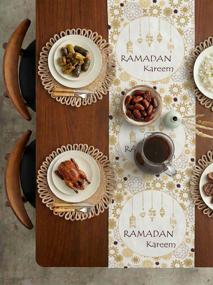 Layali Ramadan Linen Velvet Tablecloth, Decorative Ramadan Pattern for Dining Table
