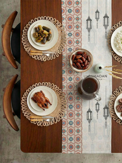 Layali Ramadan Linen Velvet Tablecloth, Decorative Ramadan Pattern for Dining Table