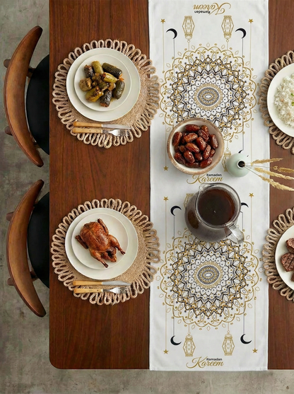Layali Ramadan Linen Velvet Tablecloth, Decorative Ramadan Pattern for Dining Table