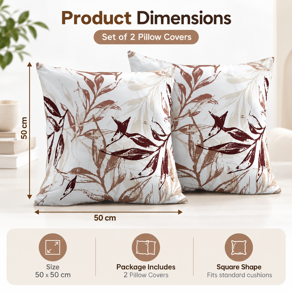 INtex CURTAINS HOUSE Printed Linen Velvet Cushion Covers, Throw Pillow Covers, Leaves Pattern Decorative Pillow Covers, Set of 2 Pieces