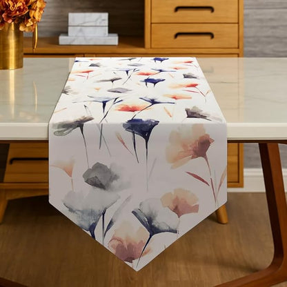 INTEX HOME Table Runner, Sou Floral Pattern, V-End Design, Premium Linen Velvet Fabric, Ultra-Soft and Wrinkle-Resistant, 1 Piece, Off-White x Navy Blue x Blush, for Dining and Living Room DÃ©cor