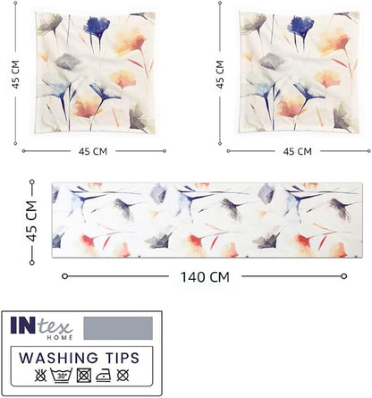 INTEX HOME Table Runner and Cushion Covers Set, Sou Floral Pattern, Premium Linen Velvet, 1 Runner 45×140 CM Straight End and 2 Cushions 45×45 CM, Wrinkle-Resistant Fabric for Living Room or Bedroom