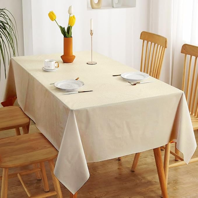 INtex Home Waterproof Tablecloth, Daniella Geometric Pattern Rectangle Table Cover, Stain Resistant Wipeable Fabric for Kitchen Dining Table, 1 Piece - Classic Weave - Off-White - 130 x 190 cm