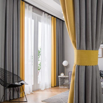 ستائر بيت انتيكس ستارة مخملية تصميم من سابيا - لونين مع اربطة خلفية - قطعتان - تصميم شريط أساسي 400 عرض × 230 سم طول، رمادي × اصفر، بوليستر، مبطن، من انتكس ستائر بيت، 400 وات × 230 سم