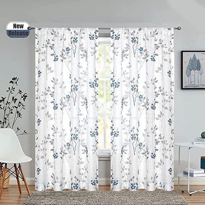 Natural Linen  Printed Floral Curtain - Steel grommets