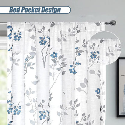 INtex CURTAINS HOUSE Rich Natural Linen curtains - Printed floral curtains- Semi-transparent - Road Pocket grommets for living room, bedroom, kitchens, 1 piece