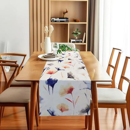 مفرش طاولة من INTEX HOME، بنقشة زهور جنوبية، مصنوع من قماش مخملي فاخر من الكتان، بتصميم مستقيم الأطراف، أبيض عاجي × أزرق داكن × وردي، مقاوم للتجاعيد، قطعة واحدة لديكور طاولة غرفة المعيشة وغرفة الطعام 