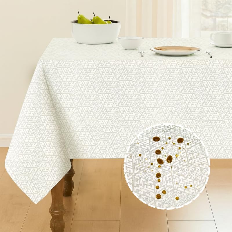 INtex Home Waterproof Tablecloth, Daniella Geometric Pattern Rectangle Table Cover, Stain Resistant Wipeable Fabric for Kitchen Dining Table, 1 Piece - Classic Weave - Off-White - 130 x 190 cm