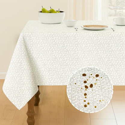 INtex Home Waterproof Tablecloth, Daniella Geometric Pattern Rectangle Table Cover, Stain Resistant Wipeable Fabric for Kitchen Dining Table, 1 Piece - Classic Weave - Off-White - 130 x 190 cm