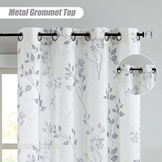 Natural Linen  Printed Floral Curtain - Steel grommets