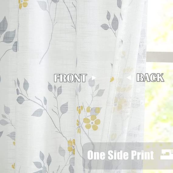 Natural Linen  Printed Floral Curtain - Steel grommets