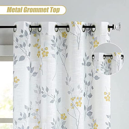 Natural Linen  Printed Floral Curtain - Steel grommets