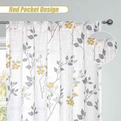 INtex CURTAINS HOUSE Rich Natural Linen curtains - Printed floral curtains- Semi-transparent - Road Pocket grommets for living room, bedroom, kitchens, 1 piece