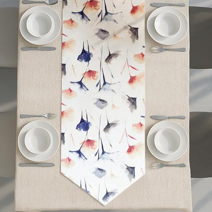 INTEX HOME Table Runner, Sou Floral Pattern, V-End Design, Premium Linen Velvet Fabric, Ultra-Soft and Wrinkle-Resistant, 1 Piece, Off-White x Navy Blue x Blush, for Dining and Living Room DÃ©cor