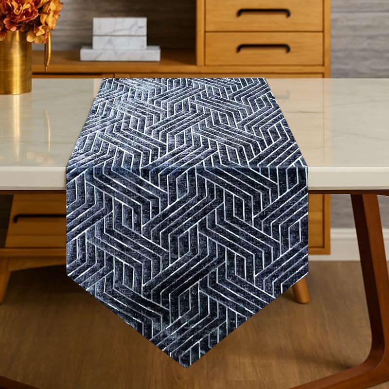 INtex Home Table Runner with V-Shaped End, Nadia’s Geometric Design in Heavy Duty Velvet Linen Fabric, Reception Living Room or Special Occasions, 1 Pc