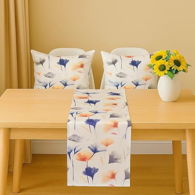 طقم مفرش طاولة وغطاء وسادة من INTEX HOME، بنقشة زهور جنوبية، من مخمل الكتان الفاخر، مفرش طاولة واحد بطرف مستقيم 45×140 سم ووسادتان بمقاس 45×45 سم، مصنوع من قماش مقاوم للتجاعيد لغرفة المعيشة أو غرفة النوم 